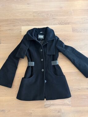 Mackage Black Wool Pea Coat with Belted Waist Accents